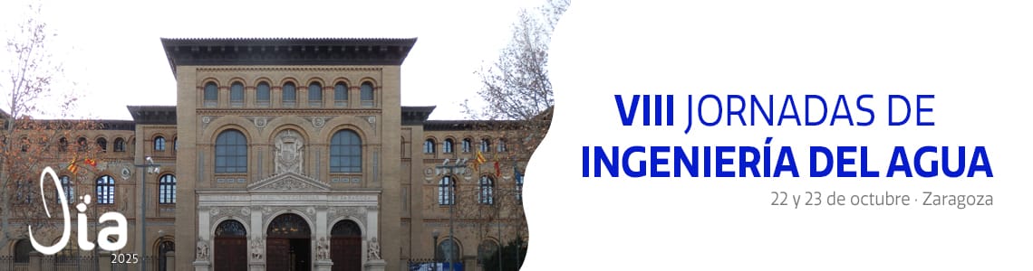 VIII Jornadas de Ingeniería del Agua 2025 en el edificio Paraninfo de Zaragoza, con el logotipo del evento y las fechas.