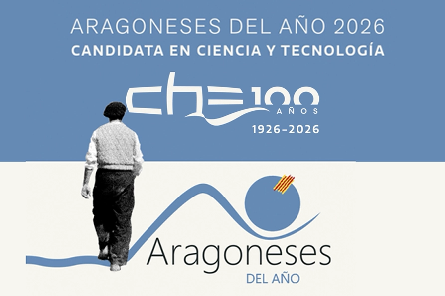Aragoneses del Año 2026: la Confederación Hidrográfica del Ebro, candidata en Ciencia y Tecnología. Cartel con el logotipo CHE 100 años (1926–2026) y el sello ‘Aragoneses del Año’.