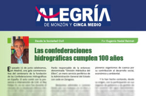 Retall de la columna d’Eugenio Nadal a la revista Alegría de Monzón sobre el centenari de les Confederacions Hidrogràfiques.