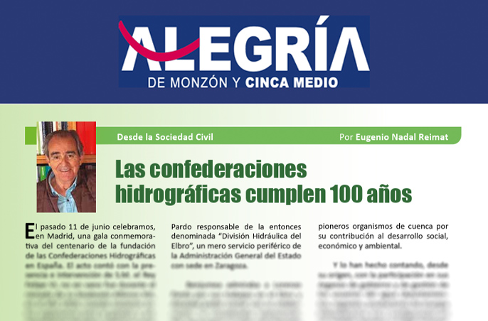 Recorte de la columna de Eugenio Nadal en la revista Alegría de Monzón sobre el centenario de las Confederaciones Hidrográficas.